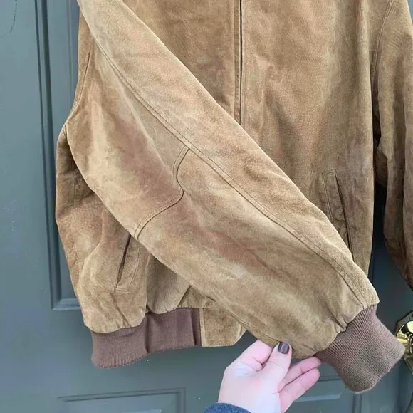 Vintage Reed Sportswear Camel Suede Bomber Jacket Vintage Ribbed Cuffs Hem Large - Picture 3 of 7